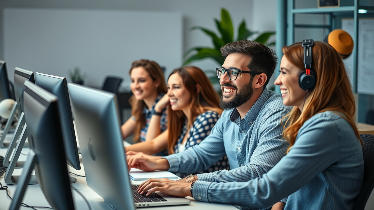 Of marketers in an office smiling, looking at camera showing. Escalating results of customer retention.