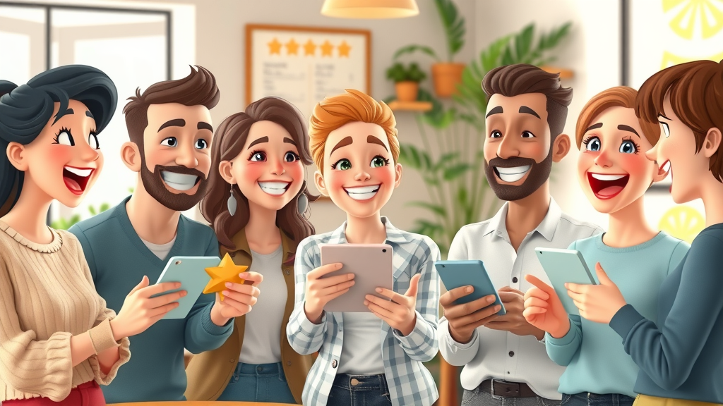 local business SEO strategies group of satisfied customers leaving five-star reviews in cafe