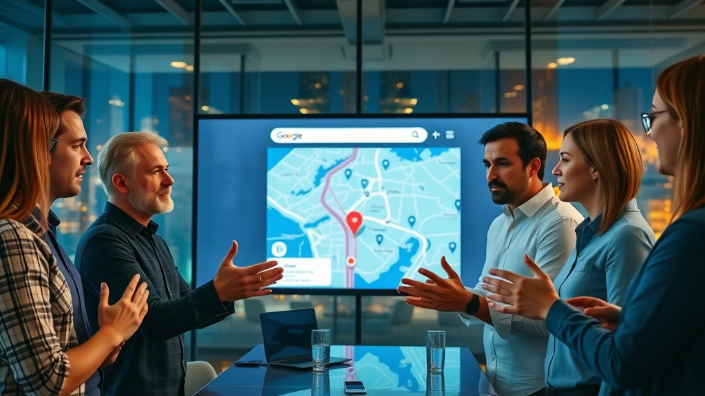 Marketing agency team collaborating on Google Maps marketing campaign strategy to improve maps rank