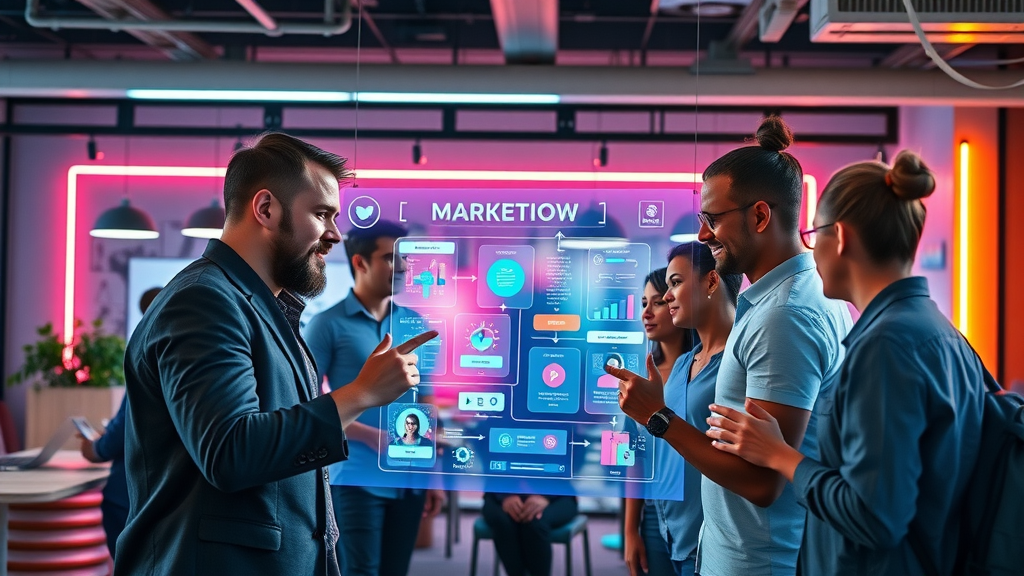 creative marketing team building social media automation workflows on digital screen