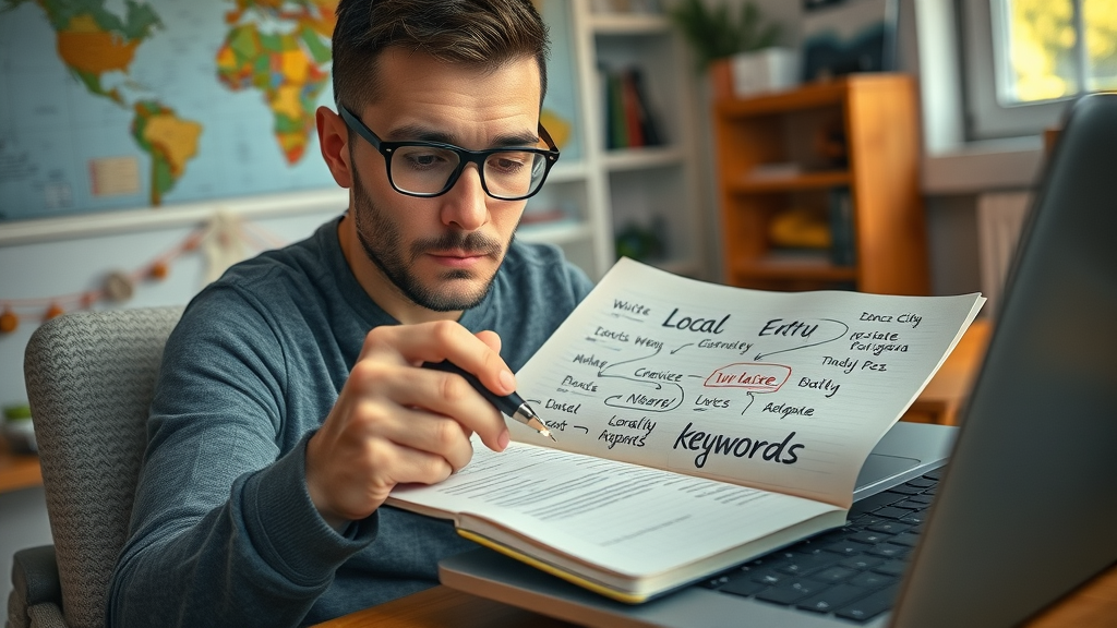 local business SEO strategies creative writer brainstorming local keywords with maps and laptop