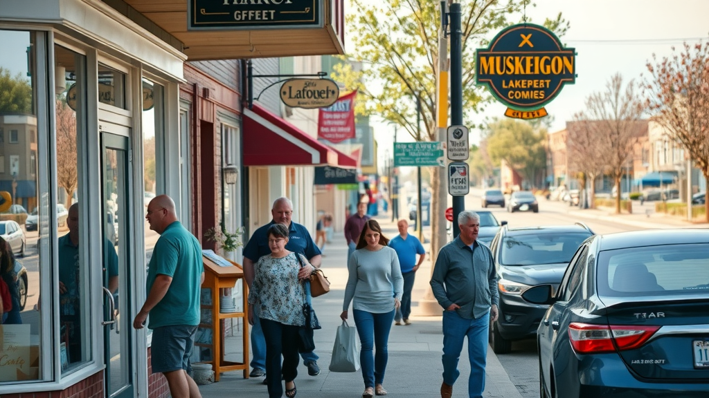 Muskegon small business mobile app technology vibrant lakeshore, downtown storefronts, local owners and customers on main street