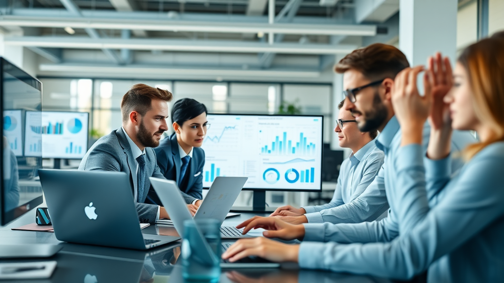 dynamic business team using digital marketing tools and dashboards in a modern office