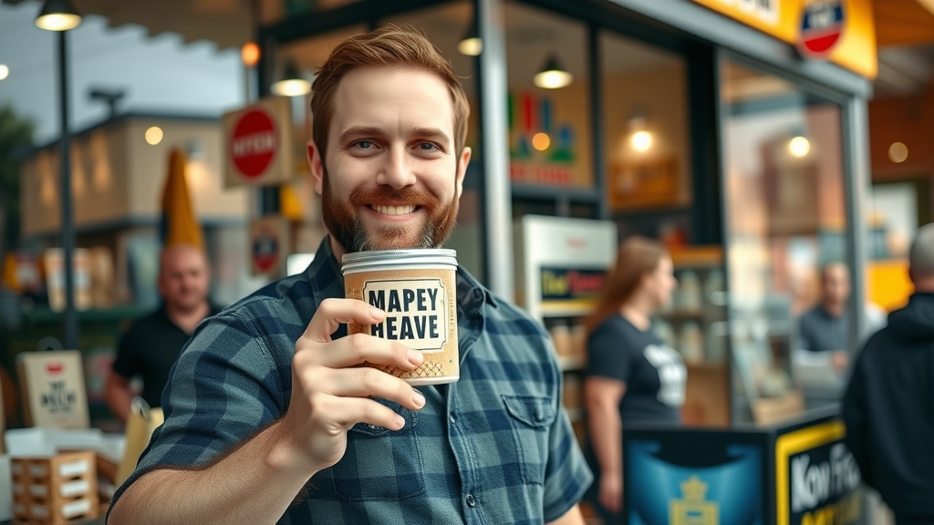 confident local business owner, presenting branded product in Muskegon storefront, signs of local prosperity and customer interaction