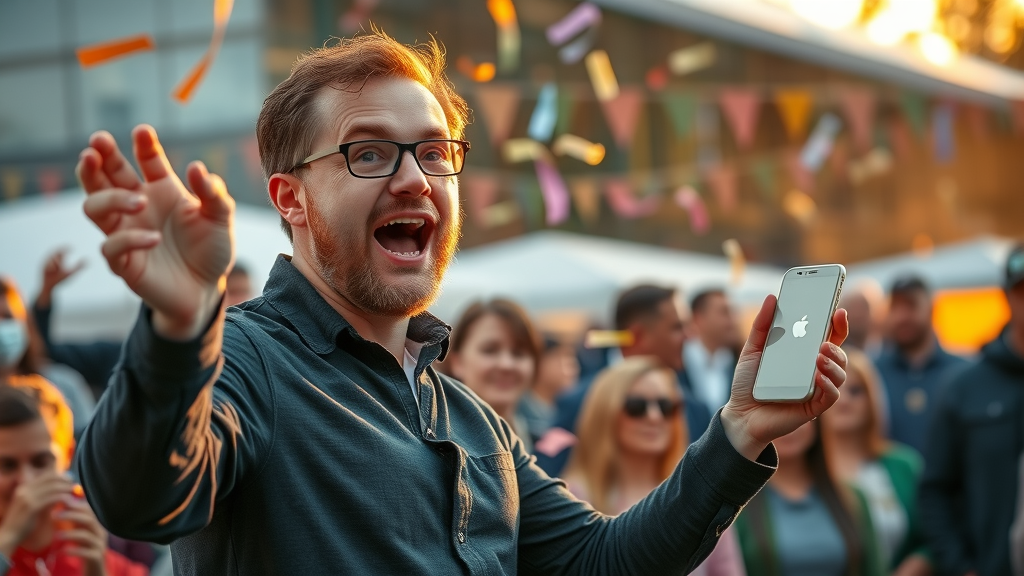 Muskegon small business owner launching mobile app, digital confetti and excited crowd