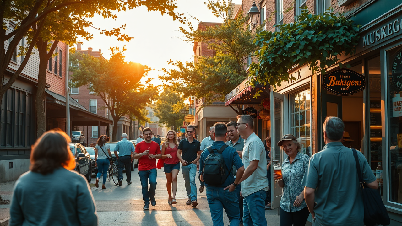Vibrant downtown Muskegon, MI with bustling local businesses, tree-lined streets, and dynamic sunlight. Google My Business optimization, Muskegon, MI.