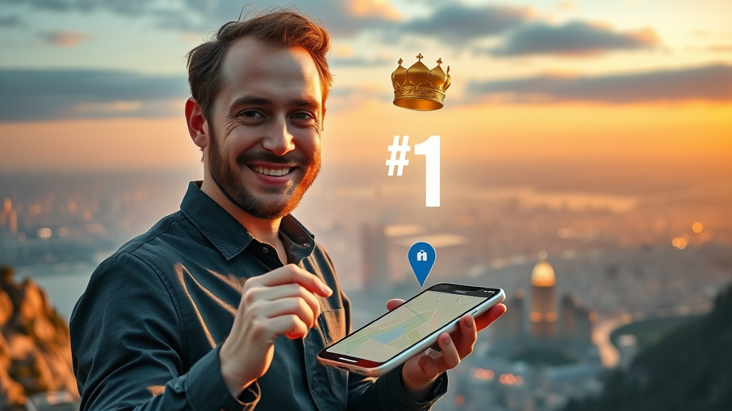 Successful entrepreneur celebrates achieving #1 Google Maps ranking with digital crown effect