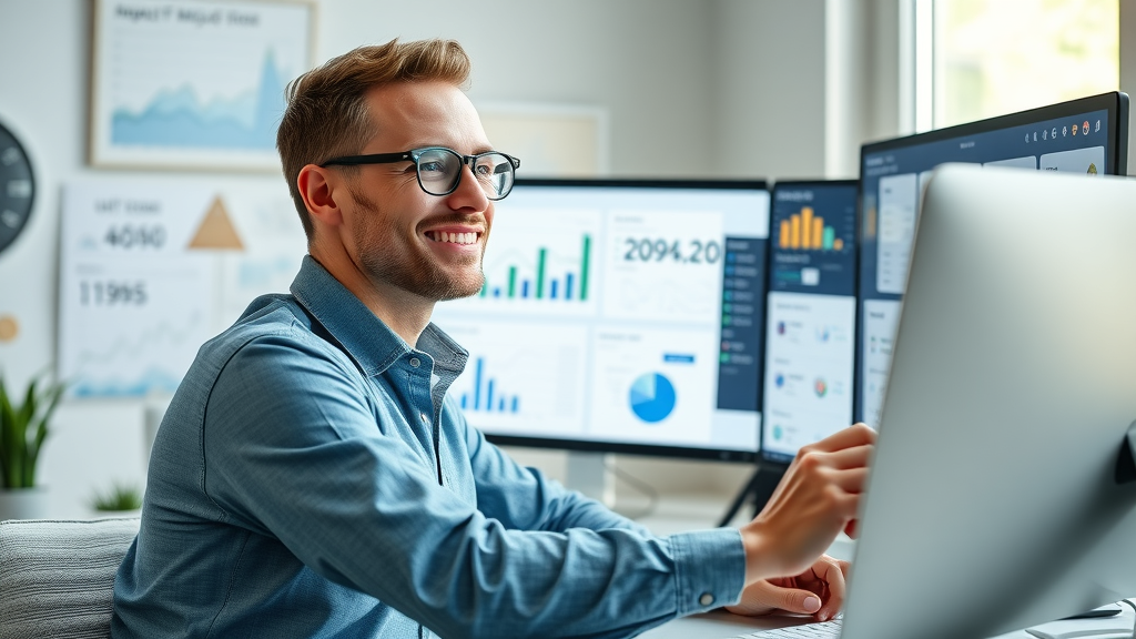 Digital marketing Muskegon: focused online marketer analyzing Google Ads and social media campaign results, local branding