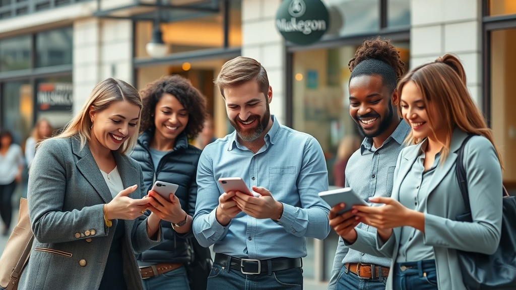 Modern cityscape of Muskegon, group of diverse business owners reviewing marketing results on mobile devices, urban street café background, storefront signs, pedestrians, natural daylight, photorealistic, 35mm lens. mobile marketing strategies muskegon