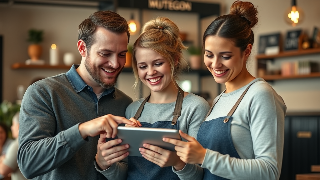 happy Muskegon small business team reading reviews, google business listing muskegon, cozy café interior, positive online engagement