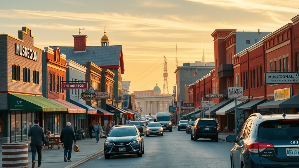 Vibrant Muskegon cityscape at sunrise bustling with small businesses local entrepreneurs marketing signage