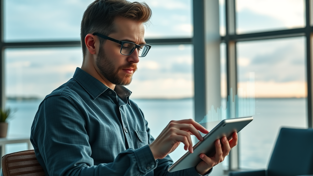 Muskegon lakeside entrepreneur using digital tools and analytics overlooking the lake