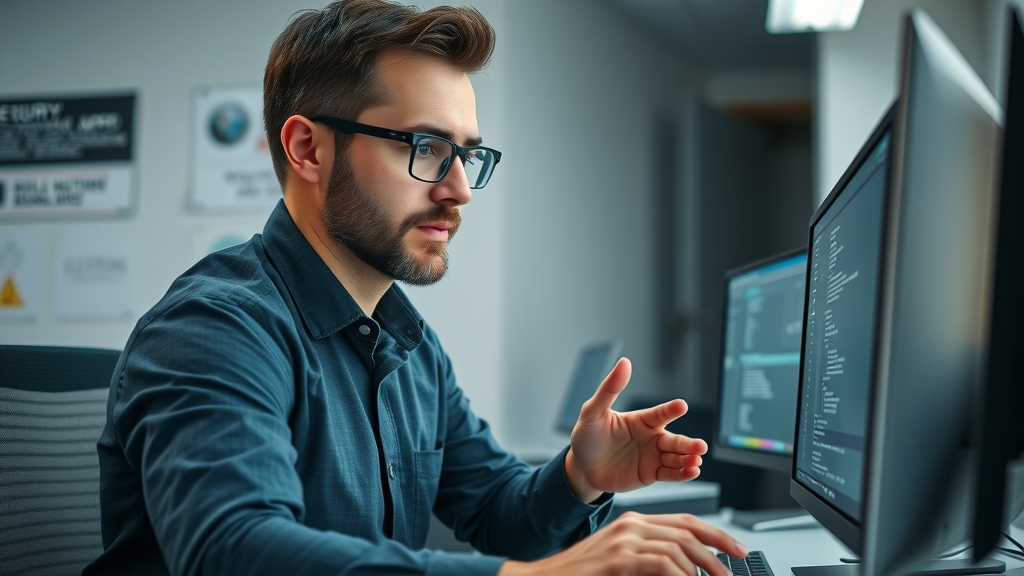 Professional IT manager securing custom app server in small local business tech workspace to ensure app privacy and security
