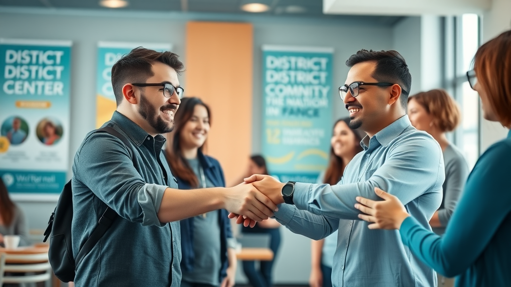 collaborative small business owners in Muskegon networking and shaking hands with district banners