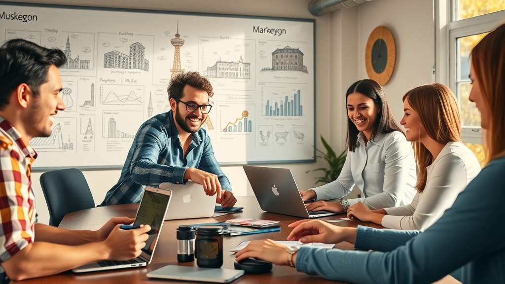 marketing agency team optimizing PPC advertising Muskegon campaigns, collaborative environment with analytics, Muskegon landmarks in background, detailed strategy sketches
