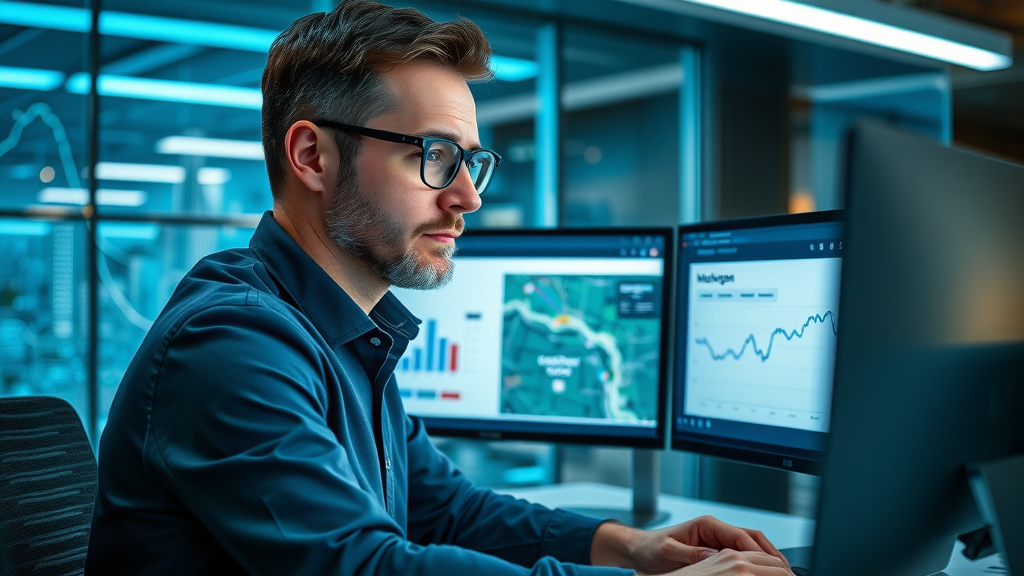 analytical Muskegon business owner google ads google business insights, google business listing muskegon, modern office, futuristic data displays
