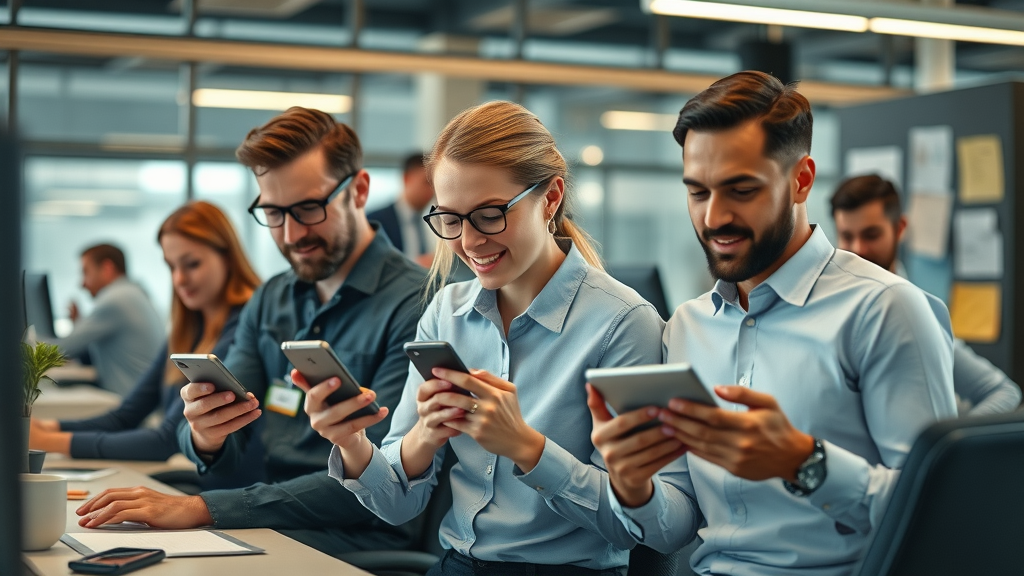 Small business team coordinating tasks with smartphones via mobile app, streamlining communication