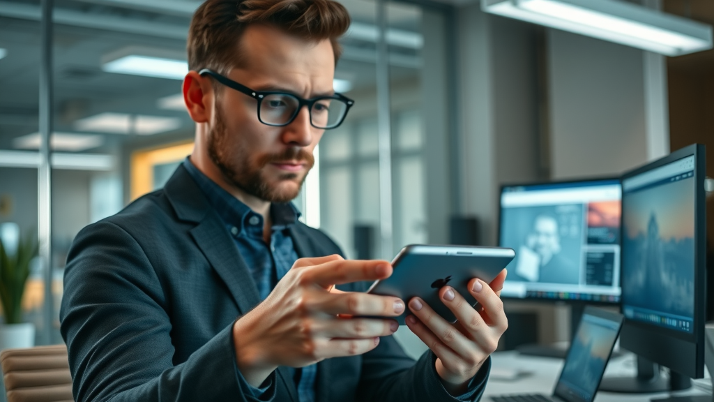 Cutting-edge website displayed on a smartphone, Muskegon entrepreneur interacting, clean office, tech gadgets, screens, photorealistic, 85mm lens. web design mobile marketing strategies muskegon