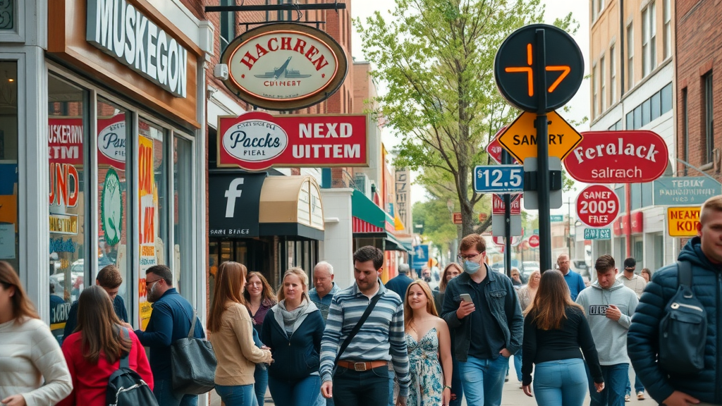 Vibrant downtown Muskegon storefronts with local businesses, bustling crowd, and digital signage - ways to launch online promotion Muskegon