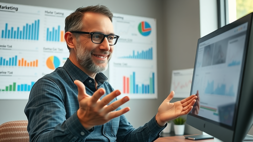 Muskegon business owner happy with digital marketing results, viewing analytics, web design performance graphs