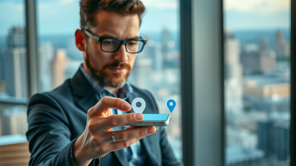 local seo clear map search interface Muskegon location pins and business owner examining search analytics