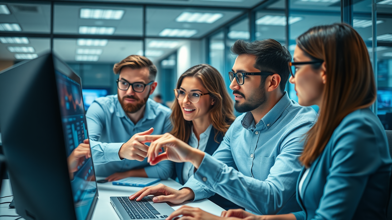 Professional digital marketing team analyzing PPC ad campaign performance for pay-per-click advertising, glass office, computers, charts visible, bright lighting, photorealistic
