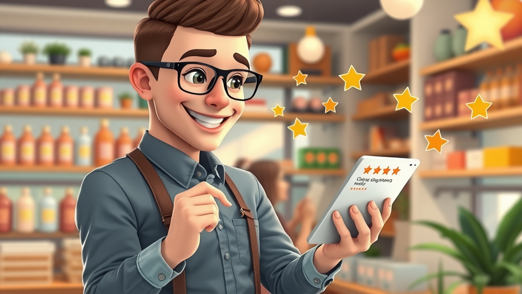 happy business owner replying to glowing customer reviews for Google Maps ranking, reading reviews on device, cozy shop interior, positive reviews strategy