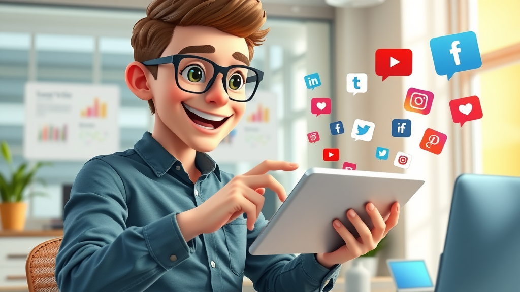 Young digital marketer orchestrating targeted social media campaign on tablet, co-working space, icons floating, vibrant, digital marketing age, social media, marketing agency