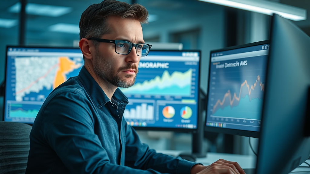 professional PPC specialist optimizing PPC advertising Muskegon campaigns, local ad metrics on dual monitors with Muskegon map, analytic graphs, focused