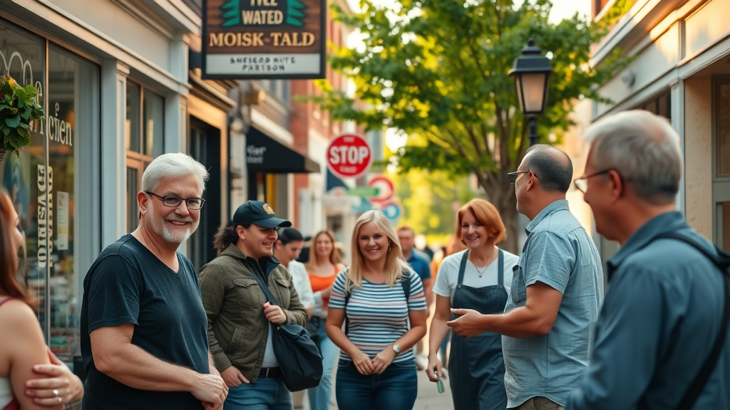 Muskegon online marketing busy downtown local business owners greeting customers vibrant storefronts