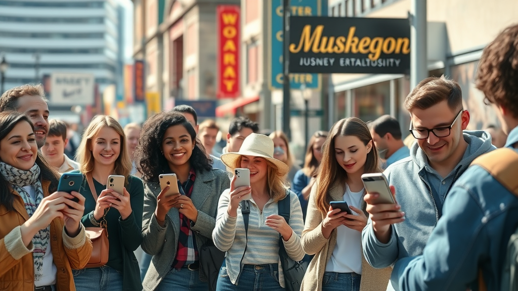 Muskegon cityscape with engaged people using smartphones for social media marketing Muskegon