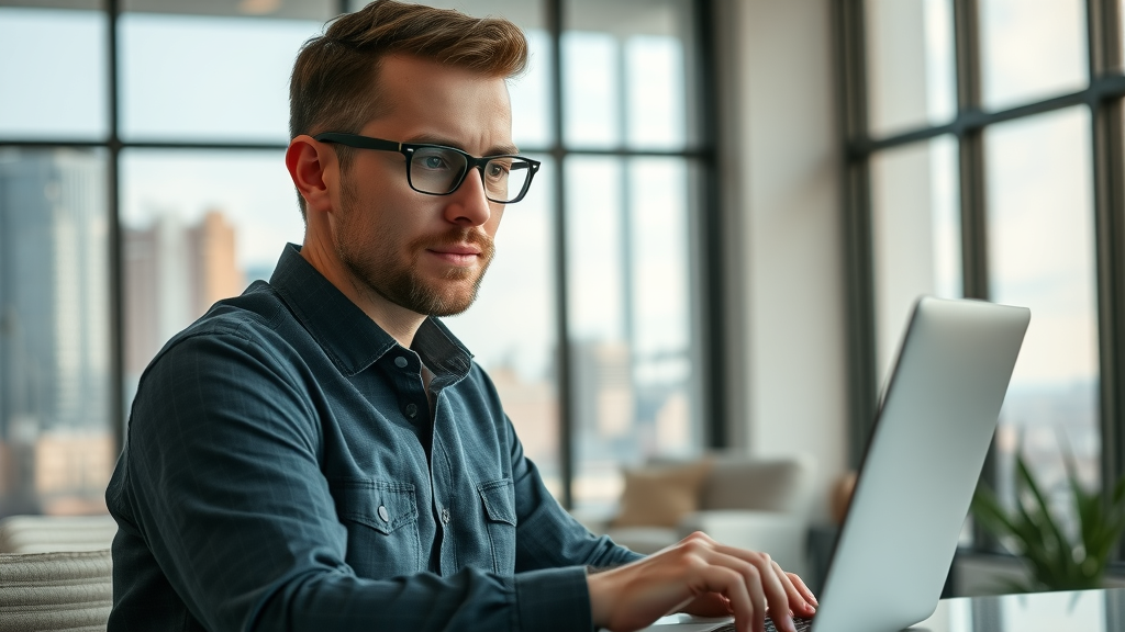 Muskegon entrepreneur reviewing digital marketing analytics, modern workspace, cityscape view