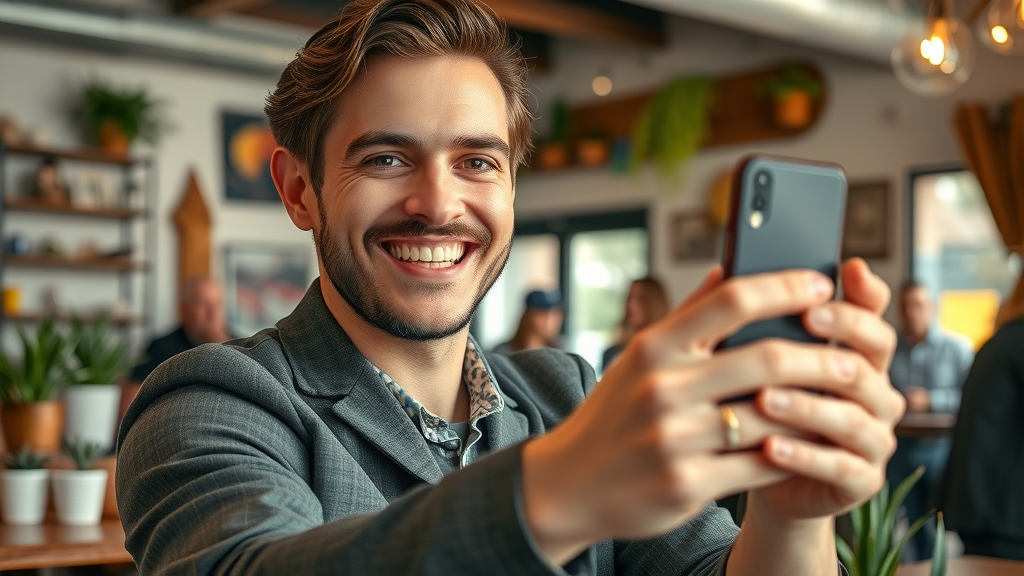 Local influencer engaging followers with a live post in a popular Muskegon café for social media marketing.