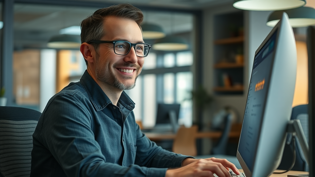 Empowered local business owner, online reputation management Muskegon, responding to online reviews, review platforms, digital overlays, glowing review icons