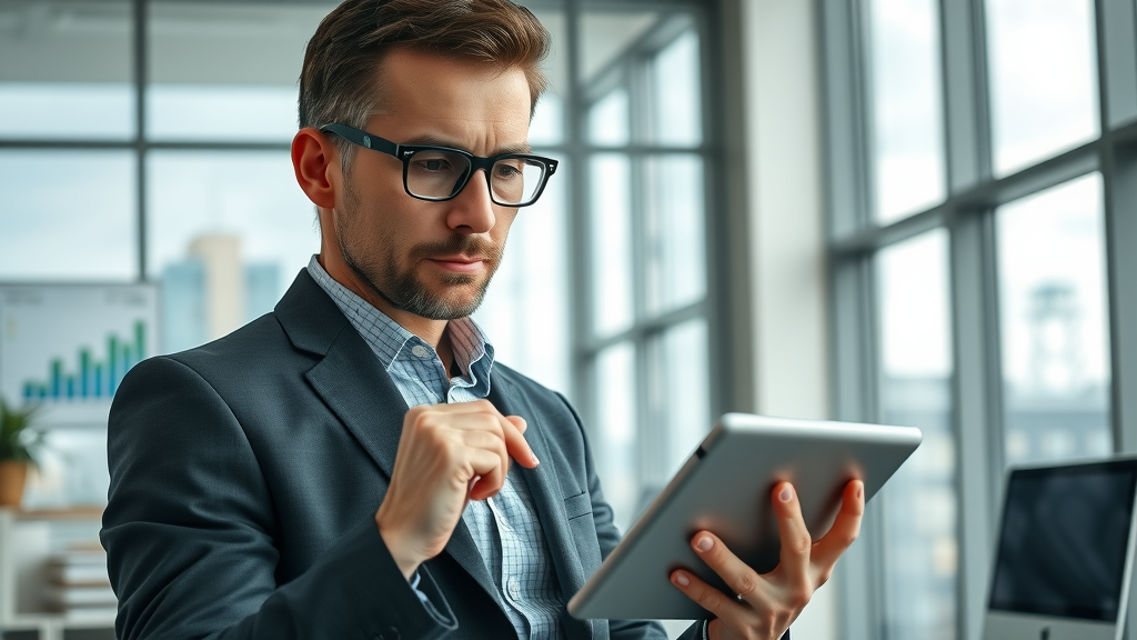 Muskegon online reputation branding - business professional analyzing online reviews with digital charts in Muskegon office.