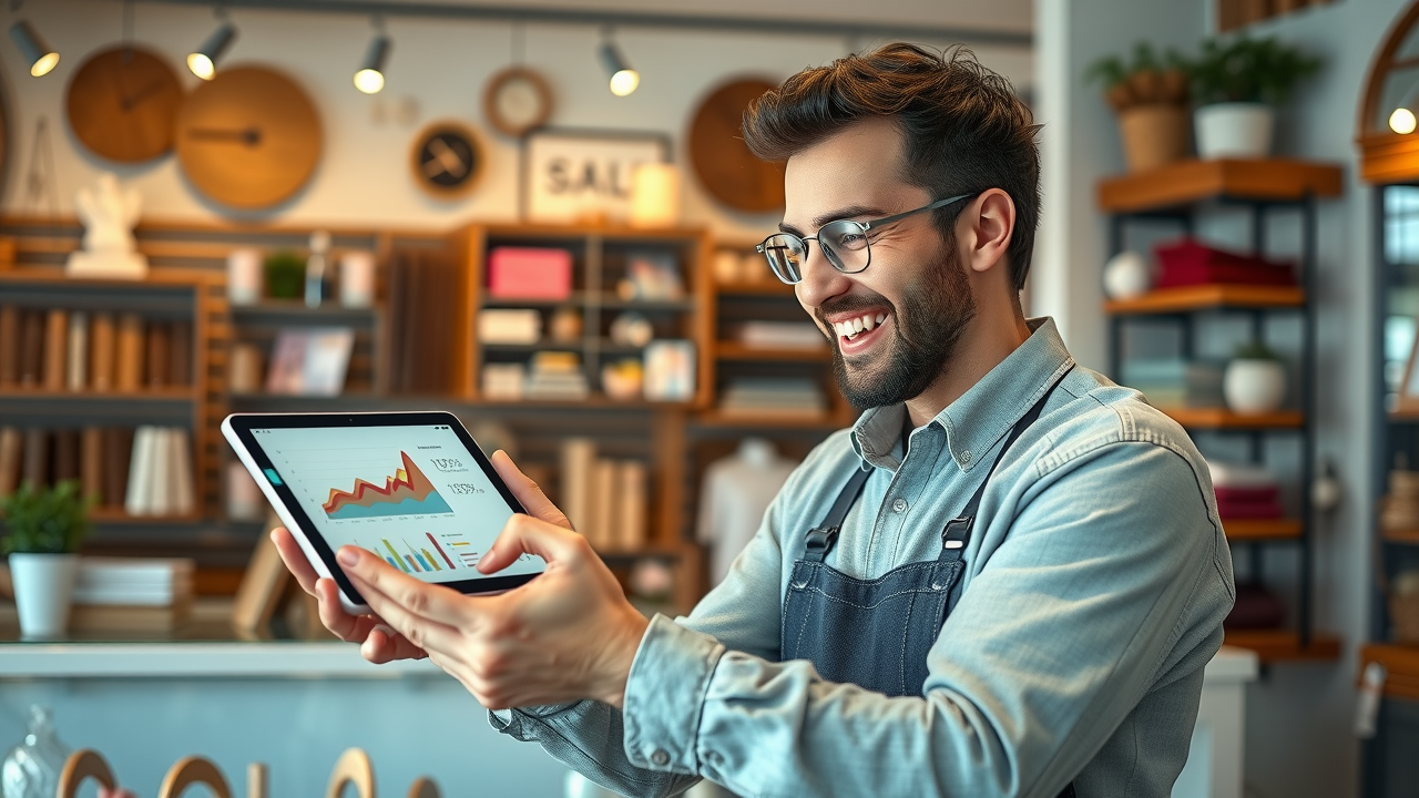 happy Muskegon business owner monitoring marketing performance with tablet - Muskegon local business marketing ROI