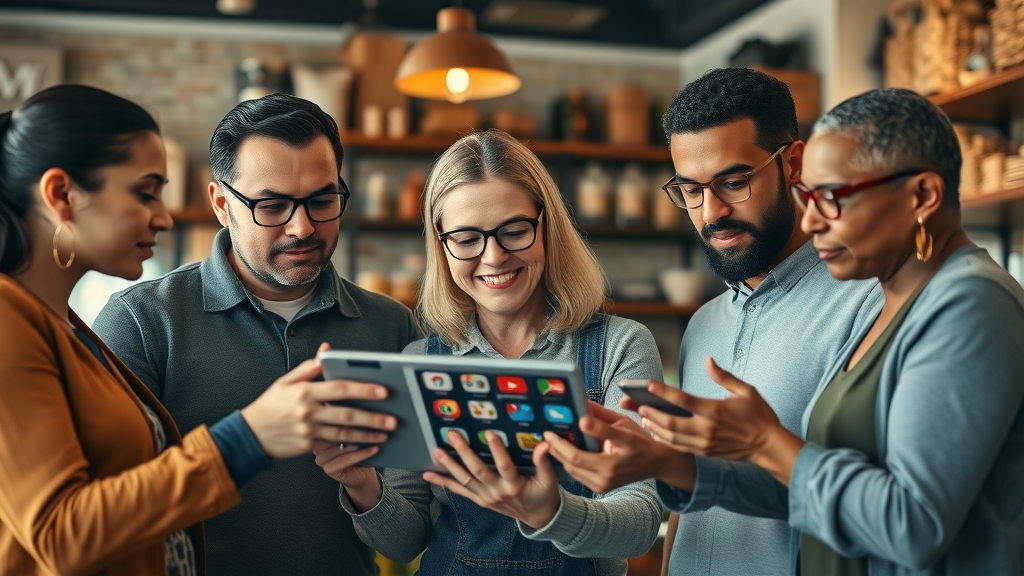 Muskegon business owners collaborating with mobile apps