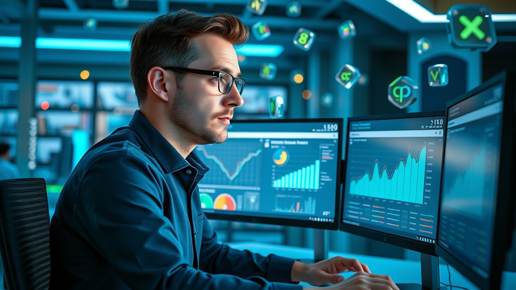 digital marketer analyzing SEO tool dashboards and search engine performance graphs