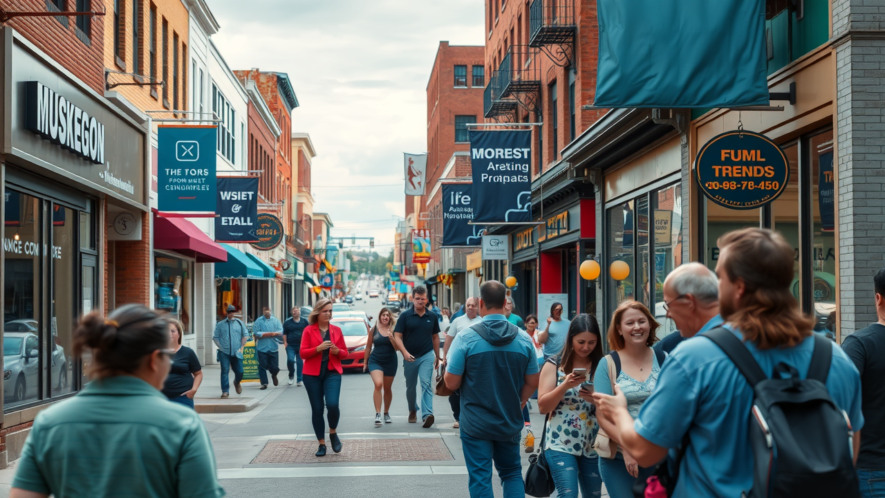 Vibrant downtown Muskegon with small business storefronts bustling and people engaging on their phones. Social media marketing Muskegon thriving in city street scene.