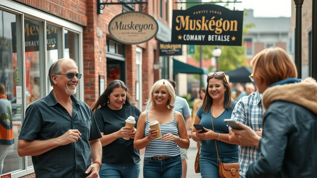 Muskegon digital marketing strategies vibrant downtown scene, business owners engaging customers, inviting signage