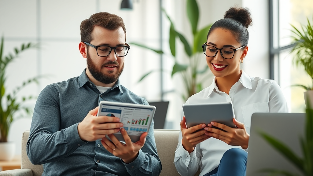 inspiring small business owners reviewing digital reports on tablets and laptops in a modern office, small business digital transformation