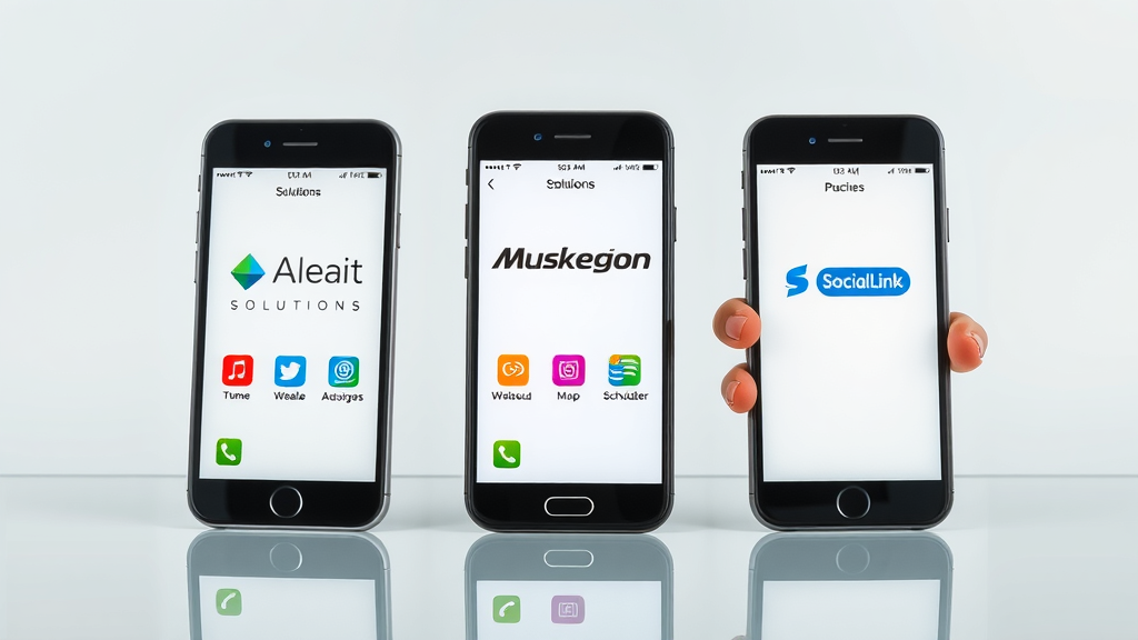 Mobile apps for small business Muskegon - Comparison of business app interfaces for Aleait Solutions, Muskegon Scheduler, and Social Linker on smartphones.