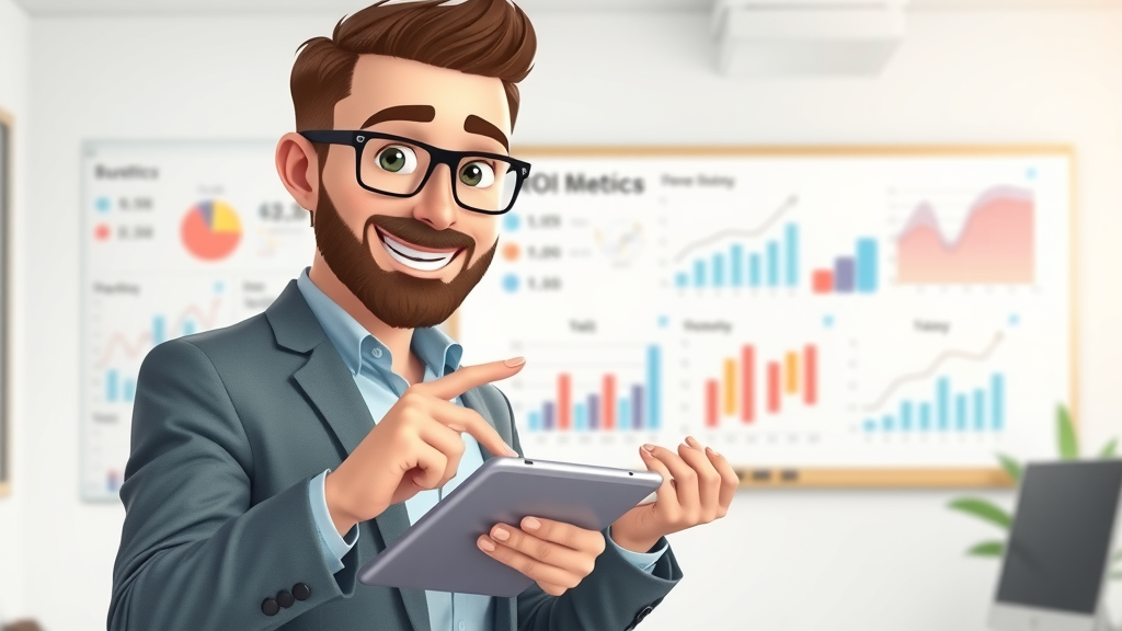 business owner reviewing mobile app ROI metrics on a tablet in office