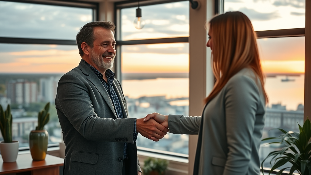 marketing agency Muskegon, local consultant shakes hands with client in Muskegon office overlooking Lake Michigan