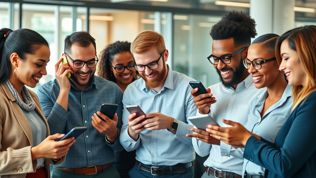 team of professionals using smartphones and tablets for small business mobile solutions
