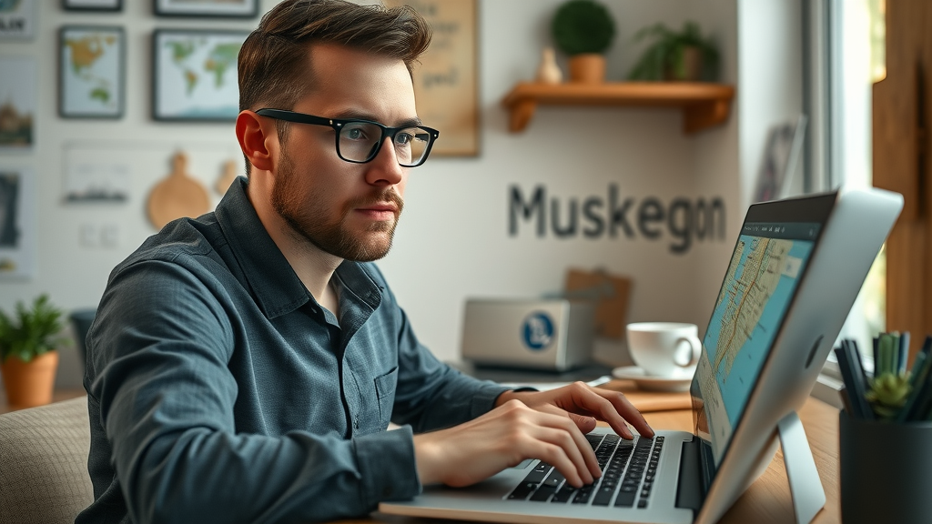 digital marketer optimizing local SEO for Muskegon business on modern laptop