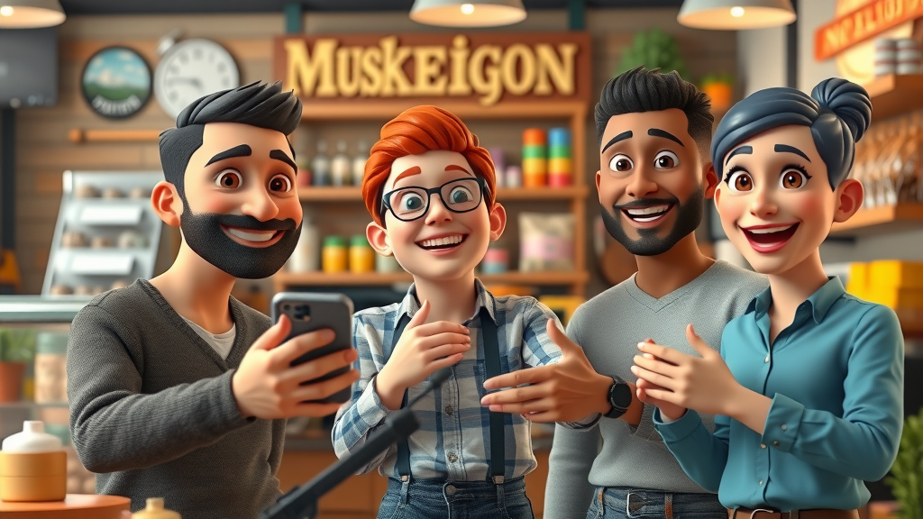 Diverse Muskegon business owners creating social media video local online advertising engagement