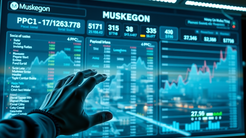 inspiring Muskegon marketing dashboard displaying PPC, social media results, futuristic city skyline background, holographic campaign data