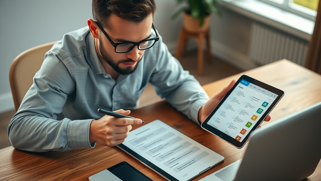 professional marketer comparing digital marketing apps using a checklist on multiple devices