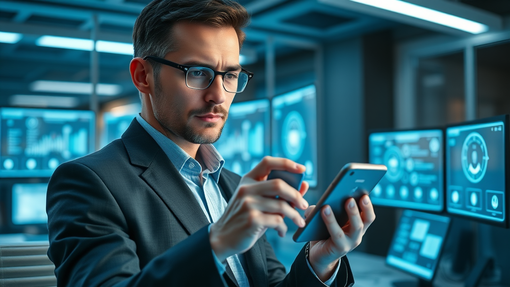 cutting-edge digital phone system devices with glowing interface and mobile integration
